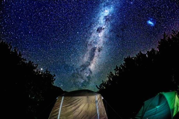 istock Starry night sky over tents in campsite 945182036