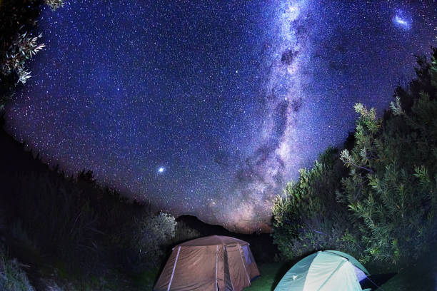 istock Starry night sky over tents in campsite 945183464