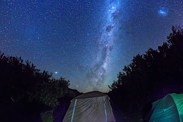 istock Starry night sky over tents in campsite 945193146