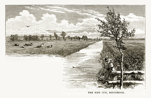 Very Rare, Beautifully Illustrated Antique Engraving of New Cut, Sedgemoor, Somerset, England Victorian Engraving, 1840. Source: Original edition from my own archives. Copyright has expired on this artwork. Digitally restored.