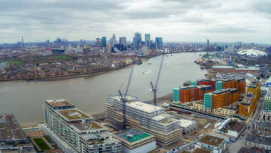 Aerial veiw taken 100-120 meters above Grenwich , looking towards London's Docklands.