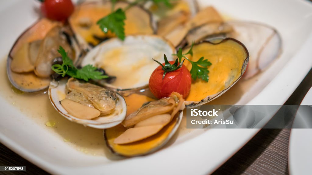 Food Photos Cheese Baked Mussels Appetizer Stock Photo