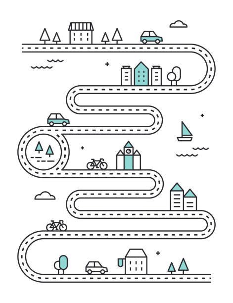 illudtrated fahrplan mit stadt-gebäude und verkehr. vektor-infografik-design - outline path stock-grafiken, -clipart, -cartoons und -symbole