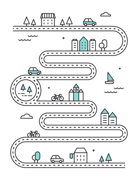 illustrazioni stock, clip art, cartoni animati e icone di tendenza di mappa illudtrata della strada con edifici urbani e trasporti. progettazione infografica vettoriale - sentiero illustrazioni