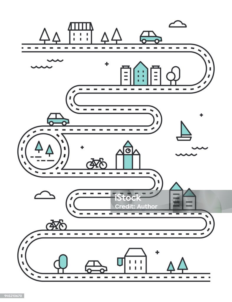 Road Illudtrated Map with Town Buildings and Transport. Vector Infographic Design Road Illudtrated Map with Town Buildings and Transport. Vector Infographic Design. Road stock vector