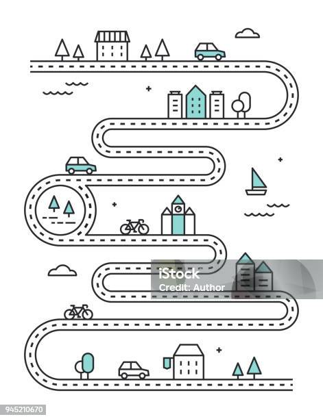 Road Illudtrated Map With Town Buildings And Transport Vector Infographic Design Stock Illustration - Download Image Now