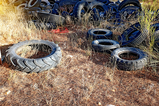 Old tires left to rot on a farm.