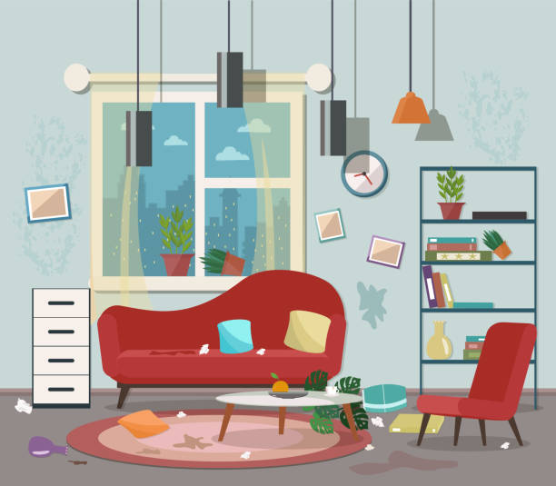 Living room before and after cleaning. Vector flat illustration. messy vs clean desk stock illustrations