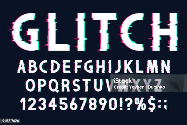 Glitchschrift Mit Verzerrten Effekt Im Stil Der 80er Und 90er Jahre Glitch Englische Alphabet Mit Zahlen Und Markierungen Stock Vektor Art und mehr Bilder von Maschinenschrift