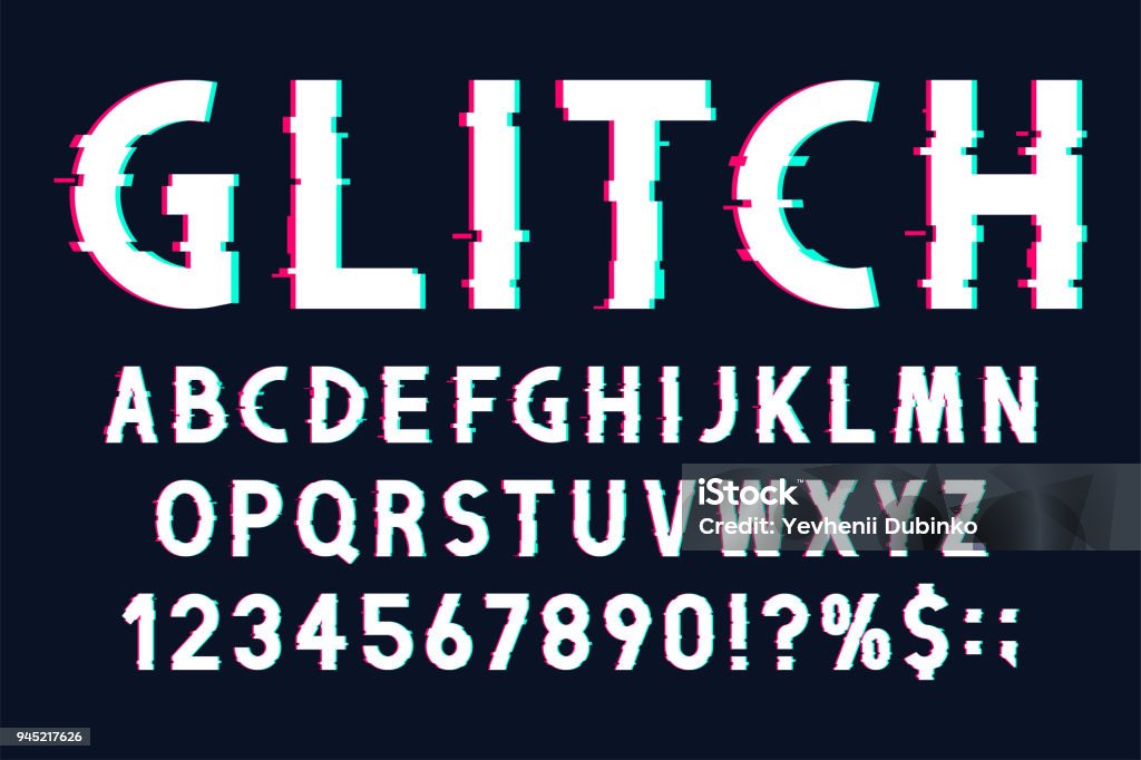 Glitch font with distorted effect in 80s and 90s style. Glitch english alphabet with numbers and marks Glitch font with distorted effect in 80s and 90s style. Glitch english alphabet with numbers and marks, tv screen noise effect. Vector retro font Typescript stock vector