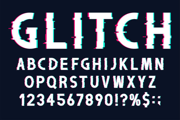 Glitch font with distorted effect in 80s and 90s style. Glitch english alphabet with numbers and marks Glitch font with distorted effect in 80s and 90s style. Glitch english alphabet with numbers and marks, tv screen noise effect. Vector retro font broken tv stock illustrations