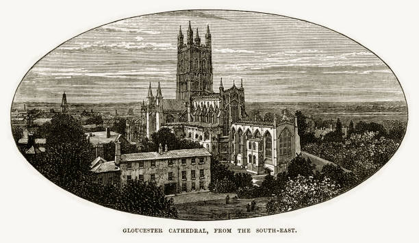 katedra gloucester z południowo-wschodniej, gloucestershire, anglia wiktoriański grawerowanie, 1840 - southeast england illustrations stock illustrations