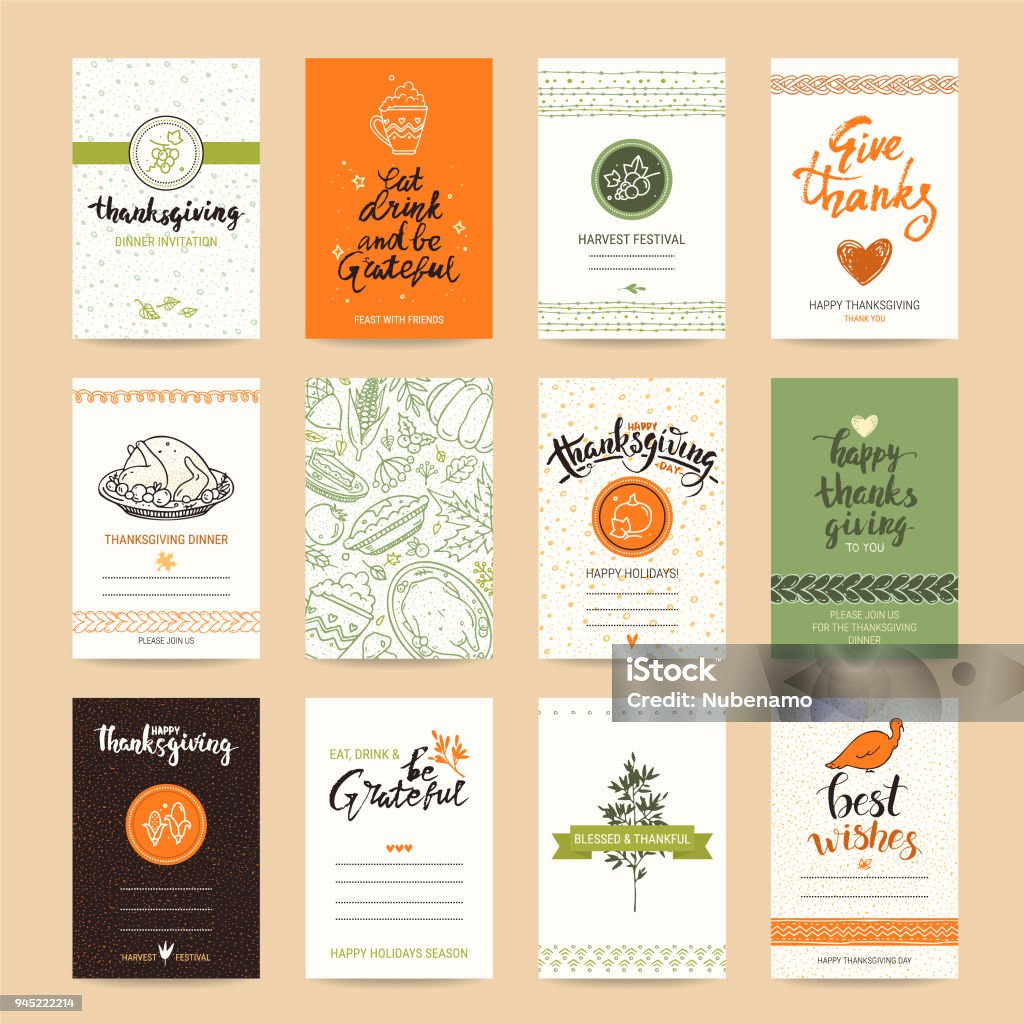 Thanksgiving Congratulations Card Design Templates Thanksgiving congratulation card, festive poster, greeting banner, party invitation, flyer vector templates. Hand drawn traditional symbols, design elements, thin line icons, handwritten lettering. Thanksgiving - Holiday stock vector