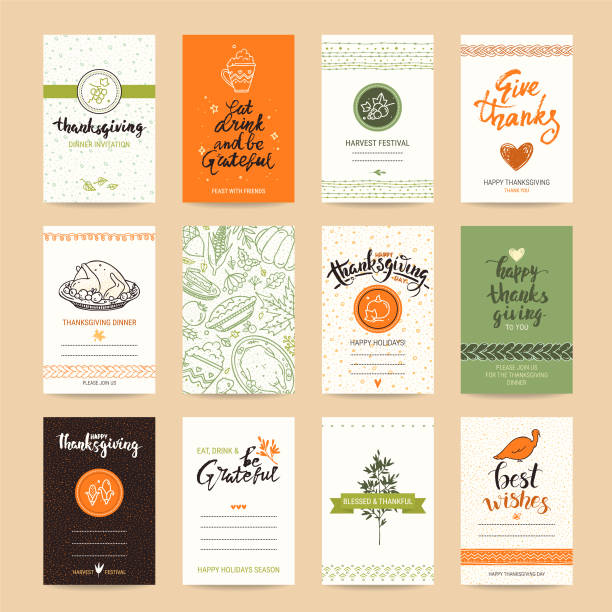 Thanksgiving Congratulations Card Design Templates Thanksgiving congratulation card, festive poster, greeting banner, party invitation, flyer vector templates. Hand drawn traditional symbols, design elements, thin line icons, handwritten lettering. holiday and seasonal icons stock illustrations