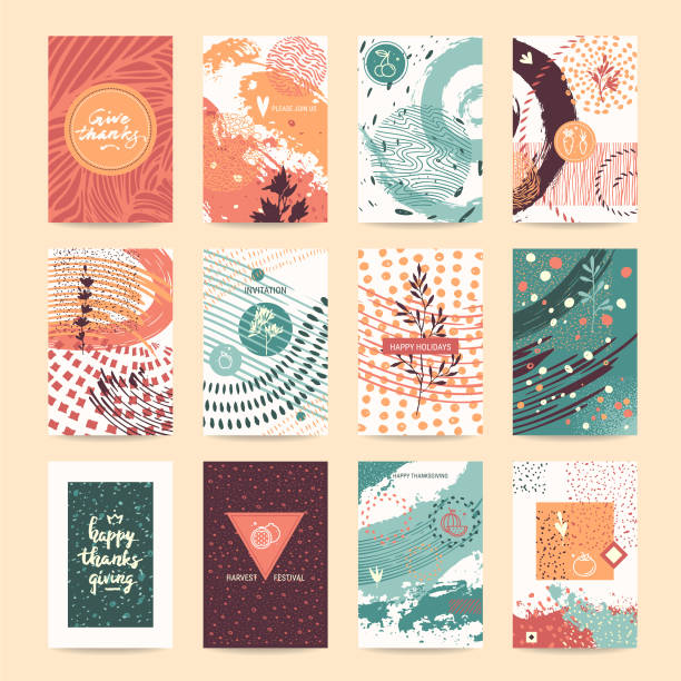 Thanksgiving Congratulations Card, Festive Poster Thanksgiving vector set. Congratulation card, party invitation, poster, flyer, banner template collection. Hand drawn abstract textures, thin line icons. Festive quotes Happy Thanksgiving, Give Thanks recognition quotes stock illustrations