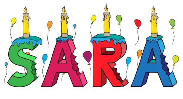 Vector illustration of Sara female first name bitten colorful 3d lettering birthday cake with candles and balloons