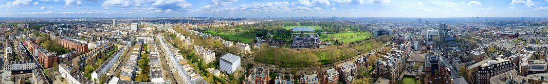Aerial Panorama from above Kensington. Encompassing Hyde Park and all of the London skyline