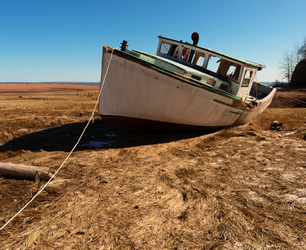Cape Islander style fishing boat abandoned on the Bay of Fundy coast.