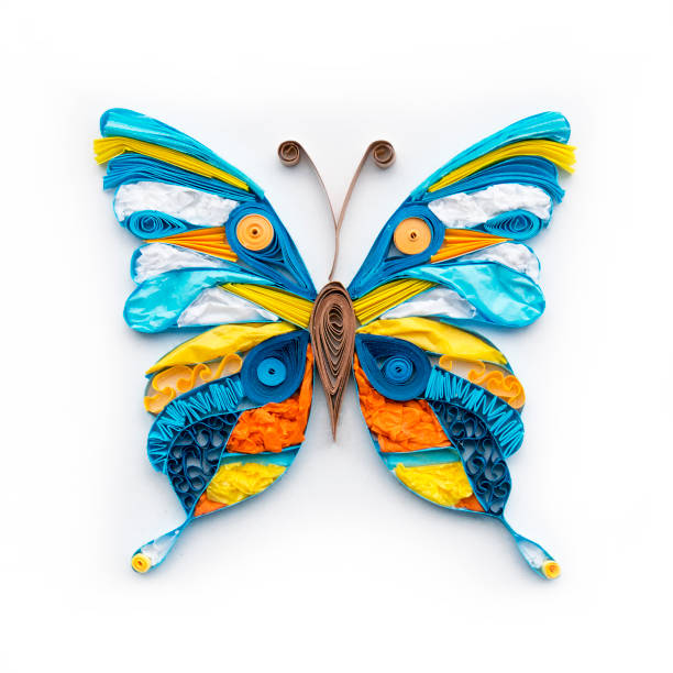 istock Cute quilling butterfly colorful element on white background. Hand made paper decoration 945227454