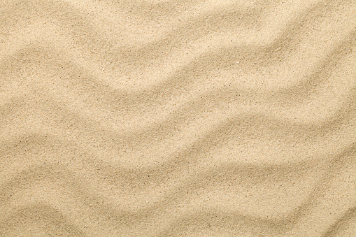 Sandy background. Sand beach texture for summer. Copy space. Top view