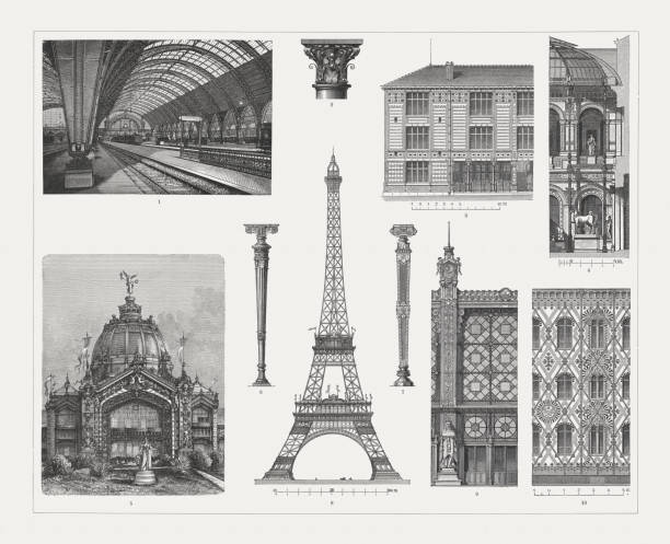 フランス語とドイツ語とフランス語の鋳鉄建築 19 世紀、木材彫刻は 1897 年に公開 - eiffel tower black and white paris france construction点のイラスト素材／クリップアート素材／マンガ素材／アイコン素材