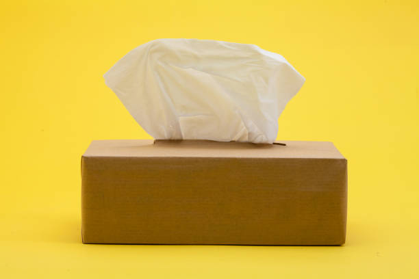 istock Paper tissues in brown box on yellow background 945259790