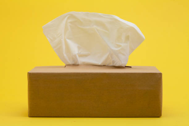 istock Paper tissues in brown box on yellow background 945259902