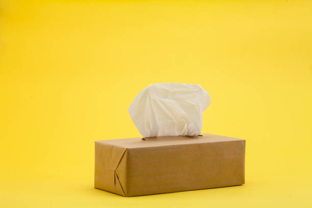 istock Paper tissues in brown box on yellow background 945260000