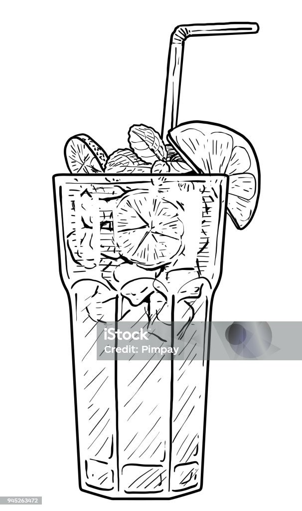 Cocktail illustration, drawing, engraving, ink, line art, vector Illustration, what made by ink and pencil on paper, then it was digitalized. Etching stock vector