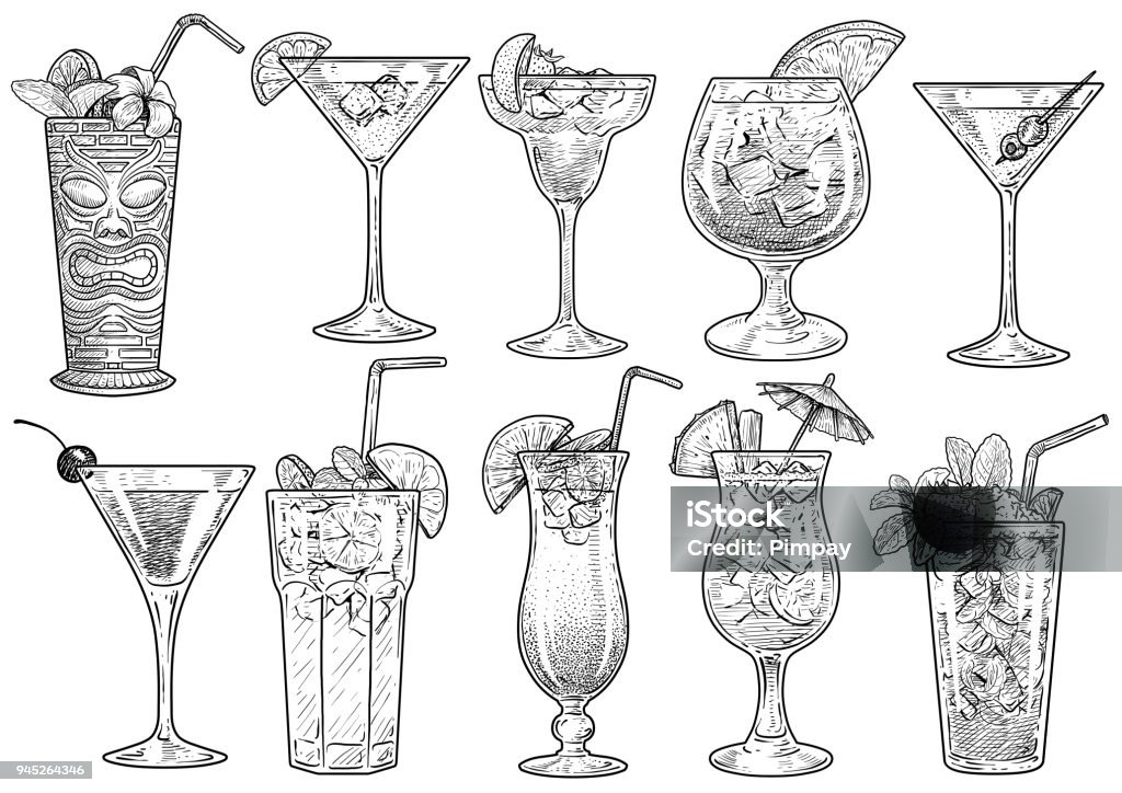 Cocktail illustration, drawing, engraving, ink, line art, vector Illustration, what made by ink and pencil on paper, then it was digitalized. Cocktail stock vector