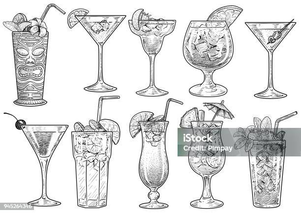 Cocktail Illustration Drawing Engraving Ink Line Art Vector Stock Illustration - Download Image Now