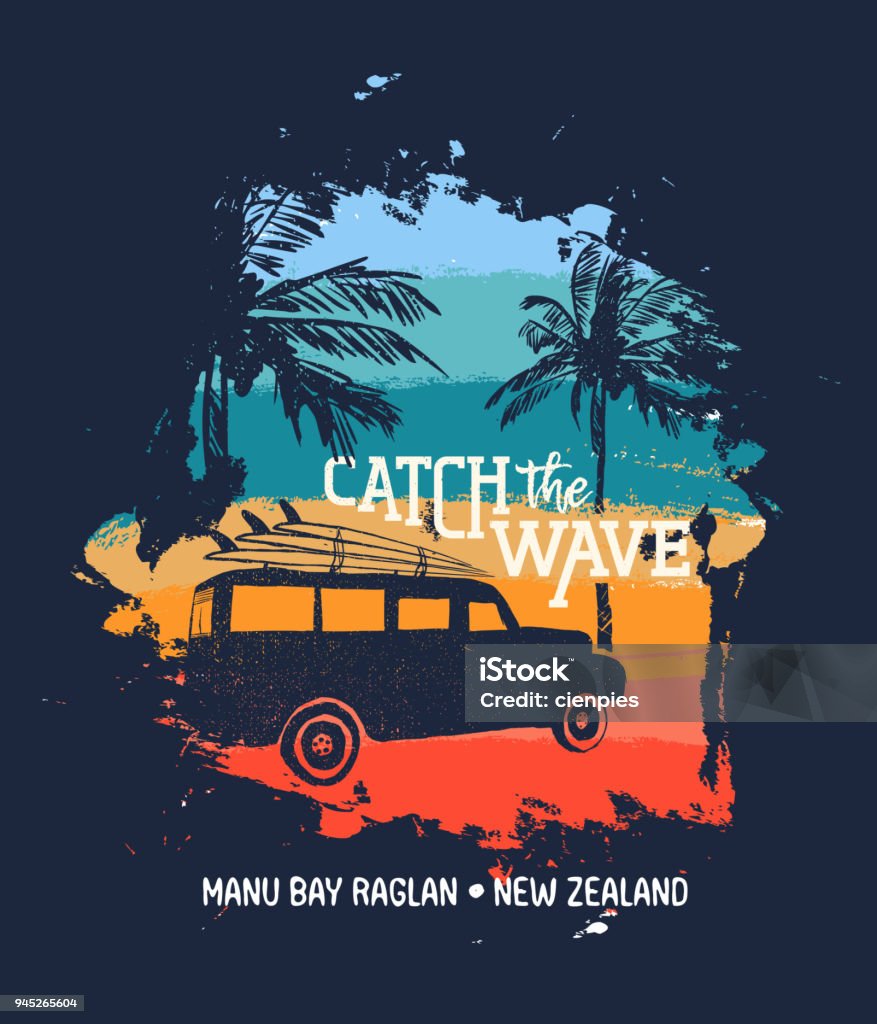 Surf summer holiday in new zealand beach with car Summer vacation in Manu Bay Raglan, New Zealand. Holiday illustration with text quote, car and surf boards on tropical beach. Vintage texture design for textile print, card or poster. EPS10 vector. Surfing stock vector