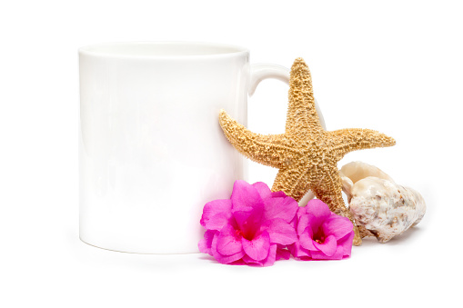 Blank Coffee Summer Theme Mug Mockup with flowers, starfish and shells