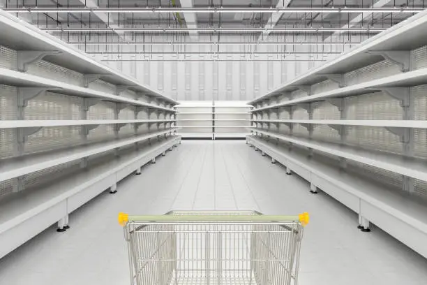 Store interior with empty shopping cart in aisle of supermarket shelves. 3d render