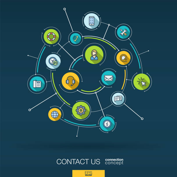 Abstract contact us, call center background. Digital connect system with integrated circles, flat icons. Network interact interface concept. Technical support service vector infographic illustration