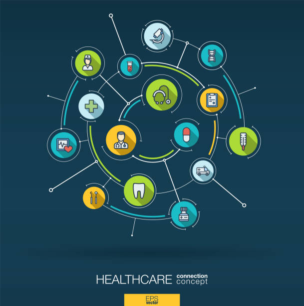 абстрактное здравоохранение и медицина фон. цифровая система подключения со встроенными кругами, плоскими иконками тонкой линии. векторна - location services stock illustrations