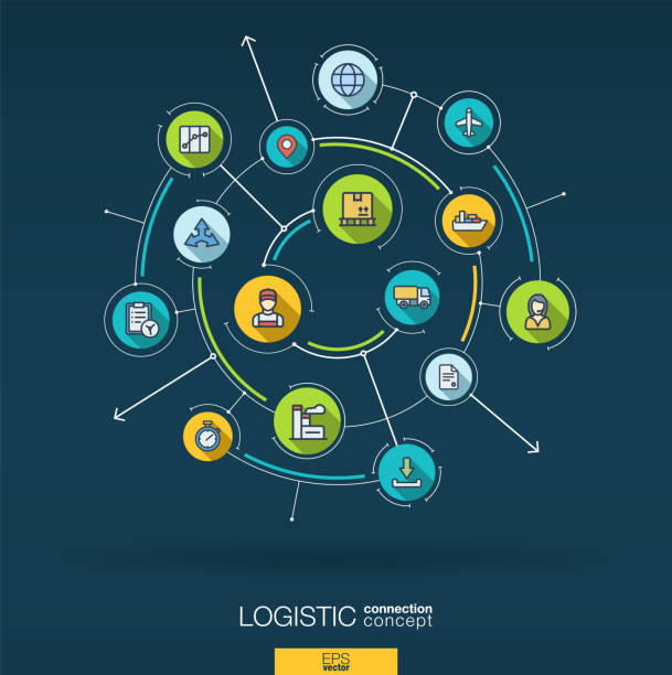 Abstract logistic and distribution background. Digital connect system with integrated circles, flat thin line icons. Vector infographic. Abstract logistic and distribution background. Digital connect system with integrated circles, flat thin line icons, long shadows. Network interact interface concept. Vector infographic illustration global logistics infographic stock illustrations