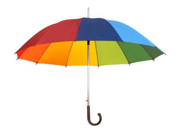 rainbow umbrella on white - rainbow umbrella descriptive color multi colored imagens e fotografias de stock