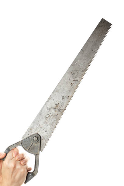istock Vintage hacksaw in a female hand isolated on a white background 945285348