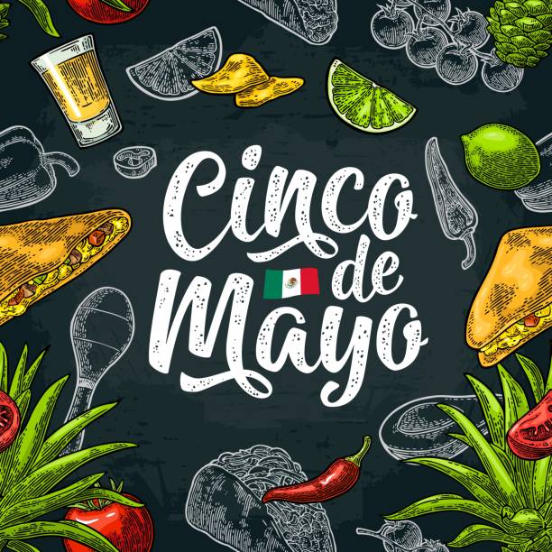Seamless pattern mexican food and Cinco de Mayo handwriting lettering. Seamless pattern mexican food and Cinco de Mayo handwriting lettering. Glass tequila, tacos nachos, and vegetables. Vector color vintage engraving illustration for menu. Isolated on dark background handwriting font not script stock illustrations