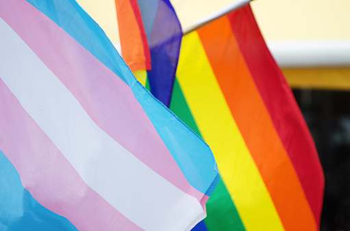 Rainbow and transgender flags waving in a close-up abstract view during a gay pride parade
