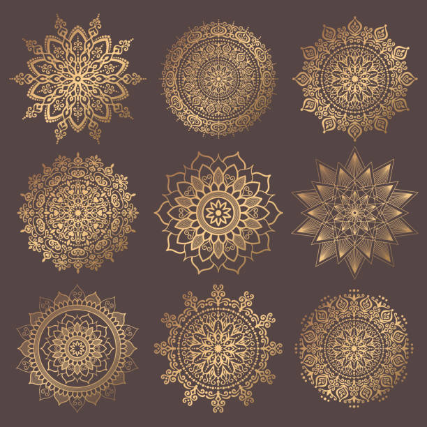 Mandala Vector Design Elements Collection Mandala Vector Design Element. Golden round ornaments. Decorative flower pattern. Stylized floral chakra symbol for meditation yoga logo. Complex flourish weave medallion. Tattoo prints collection arabesque position stock illustrations