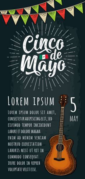 Cinco de Mayo handwriting lettering with ray, garland and guitar Cinco de Mayo handwriting lettering with ray, garland and guitar. Vector color vintage engraving illustration on dark background. Vector color vintage engraving illustration for vertical poster handwriting font not script stock illustrations