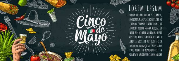 синко де майо надписи и мексиканской традиционной кухни - mexican cuisine illustrations stock illustrations