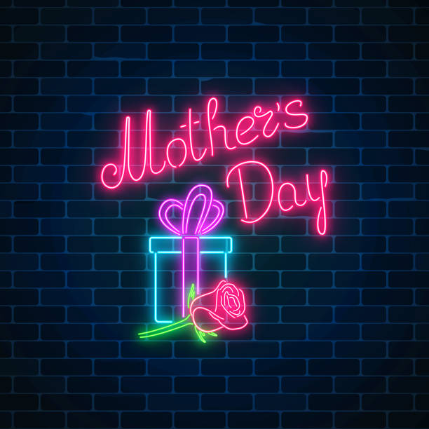 Glowing neon banner of mothers holiday on dark brick wall background. Spring world mothers day greeting card Glowing neon banner of mothers holiday on dark brick wall background. Spring world mothers day greeting card with gift box and rose flower. Vector illustration. glow in the dark hearts background stock illustrations