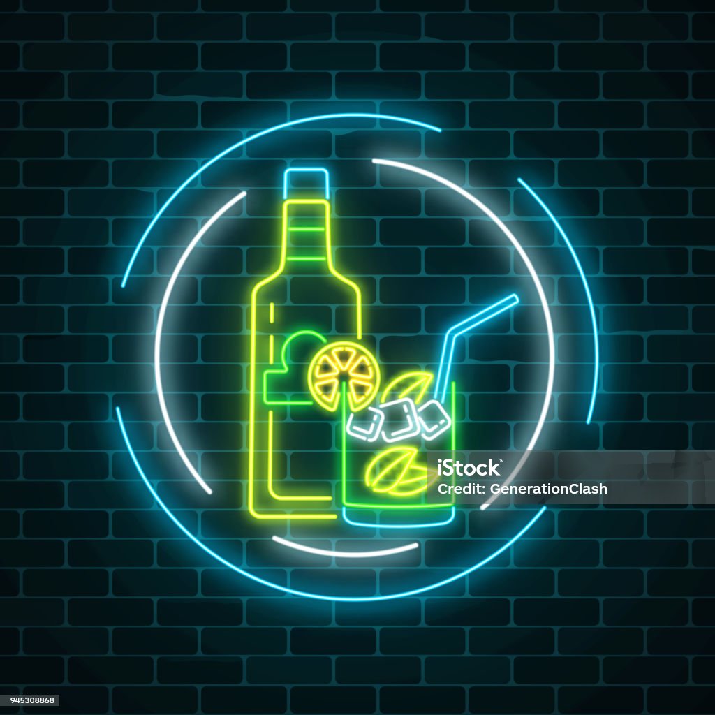 Neon sign of tequila bar with bottle and drink in glass in circle frames. Mexican alcohol drink pub emblem in neon style Neon sign of tequila bar with bottle and drink in glass in circle frames on dark brick wall background. Mexican alcohol drink pub emblem in neon style. Vector illustration. Bartender stock vector