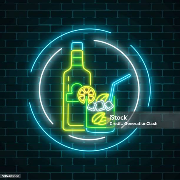 Neon Sign Of Tequila Bar With Bottle And Drink In Glass In Circle Frames Mexican Alcohol Drink Pub Emblem In Neon Style Stock Illustration - Download Image Now