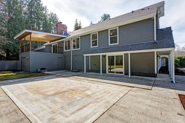 Gray home exterior with patio area stock photo