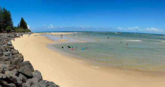 Caloundra, Queensland, Australia -December 15, 2017. Bulcock beach in Caloundra, Queensland, Australia, with people.