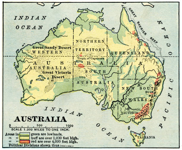 Australia map 1892 Frye Grammar School Geography - 1892 australia cartography map queensland stock illustrations